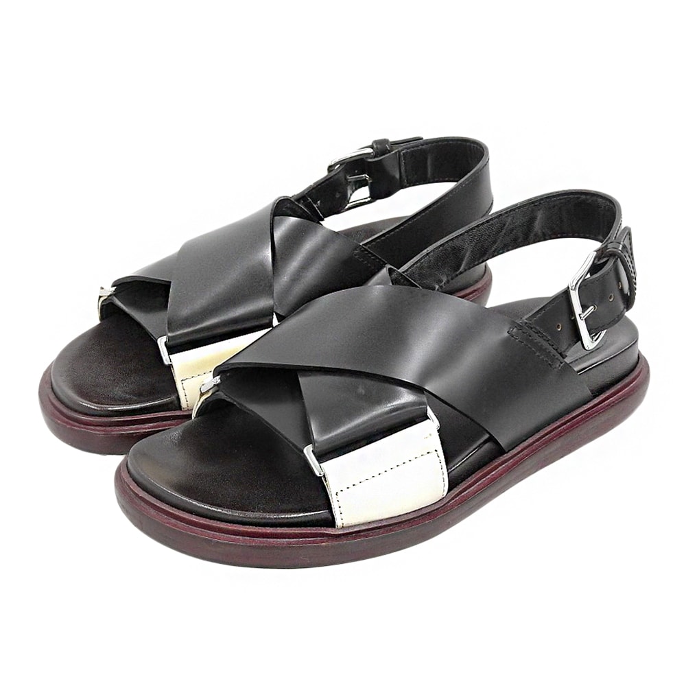 マルニ レザー クロスストラップ FUSSBETT SANDAL/フスベットサンダル シューズ レディース ブラック×ストーンホワイト 36 36