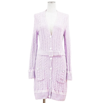 【新品同様】CHANEL シャネル ニットカーディガン P72177 2022年製 ブークレ ライオンボタン ガウン ストレッチ トップス アウター ベルト・共糸・ボタン付属 レディース 36 ライラック ホワイト 白 イタリア製 ヴィルジニー・ヴィアール期