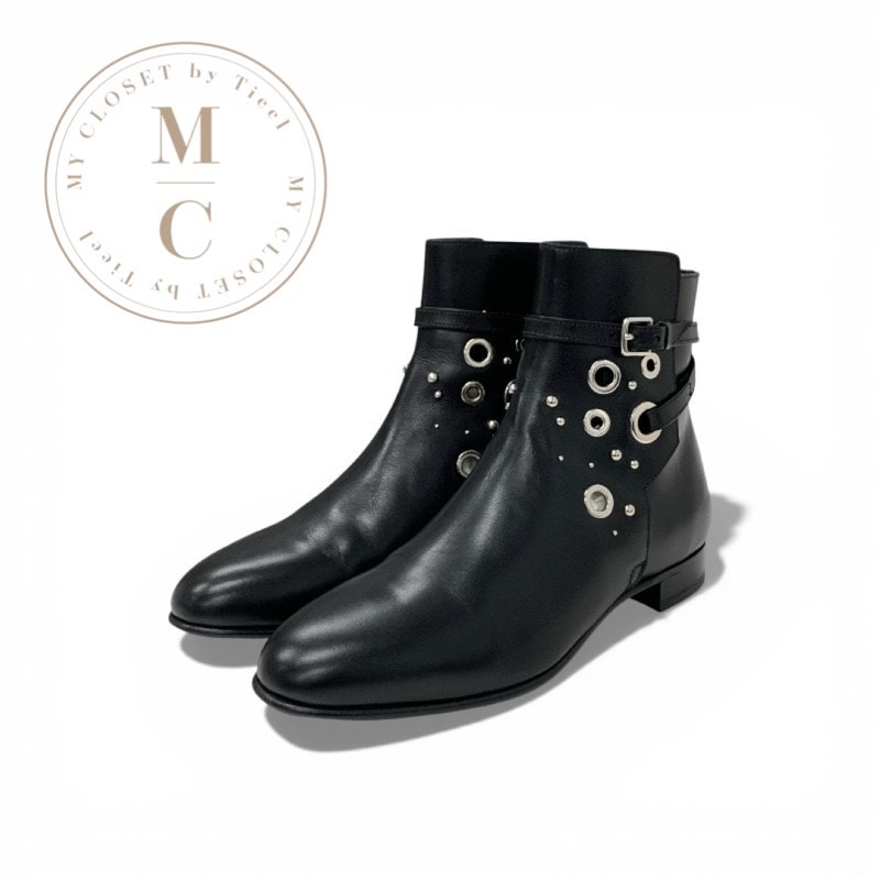 エルメス HERMES ブーツ ショートブーツ 靴 シューズ レザー ブラック 黒 シルバー スタッズ ベルト