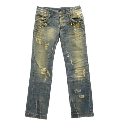 DOLCE&GABBANA ドルチェアンドガッバーナ デニムパンツ ダメージ加工 DGメタルビット デニム パンツ ブルー系 46【中古】