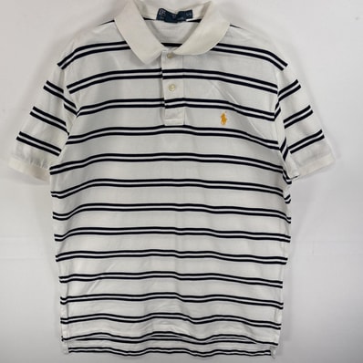 古着 90's/90年代 ポロバイラルフローレン Polo by Ralph Lauren ポロシャツ ワンポイント ロゴ 刺繍 2ボタン スリット L ホワイト系 ボーダー メンズ