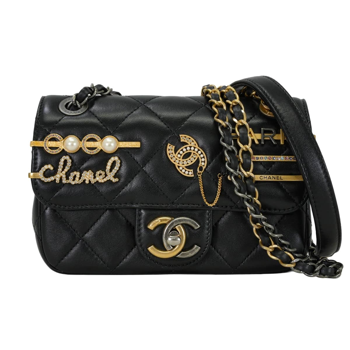 CHANEL シャネル ショルダーバッグ マトラッセ クリップココ Wチェーン アイコン 黒 (ブラック)/ゴールド ラムスキン/ラインストーン/パール ゴールド金具 AS2978 新品同様【中古】