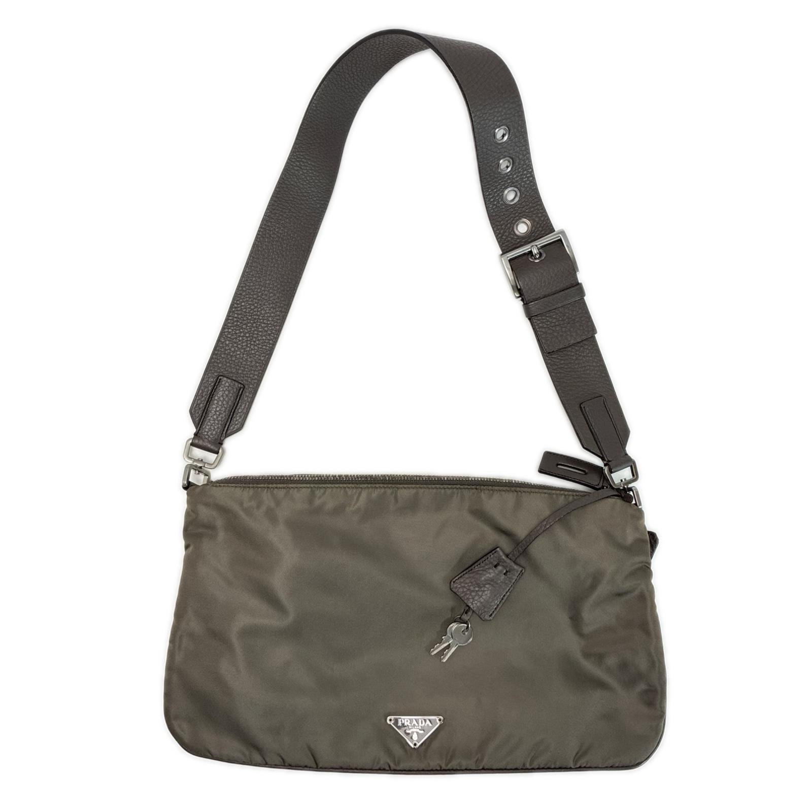 PRADA プラダ 三角ロゴプレート テスートxレザー グレージュ 保存袋 パドロック キー×2 ショルダーバッグ