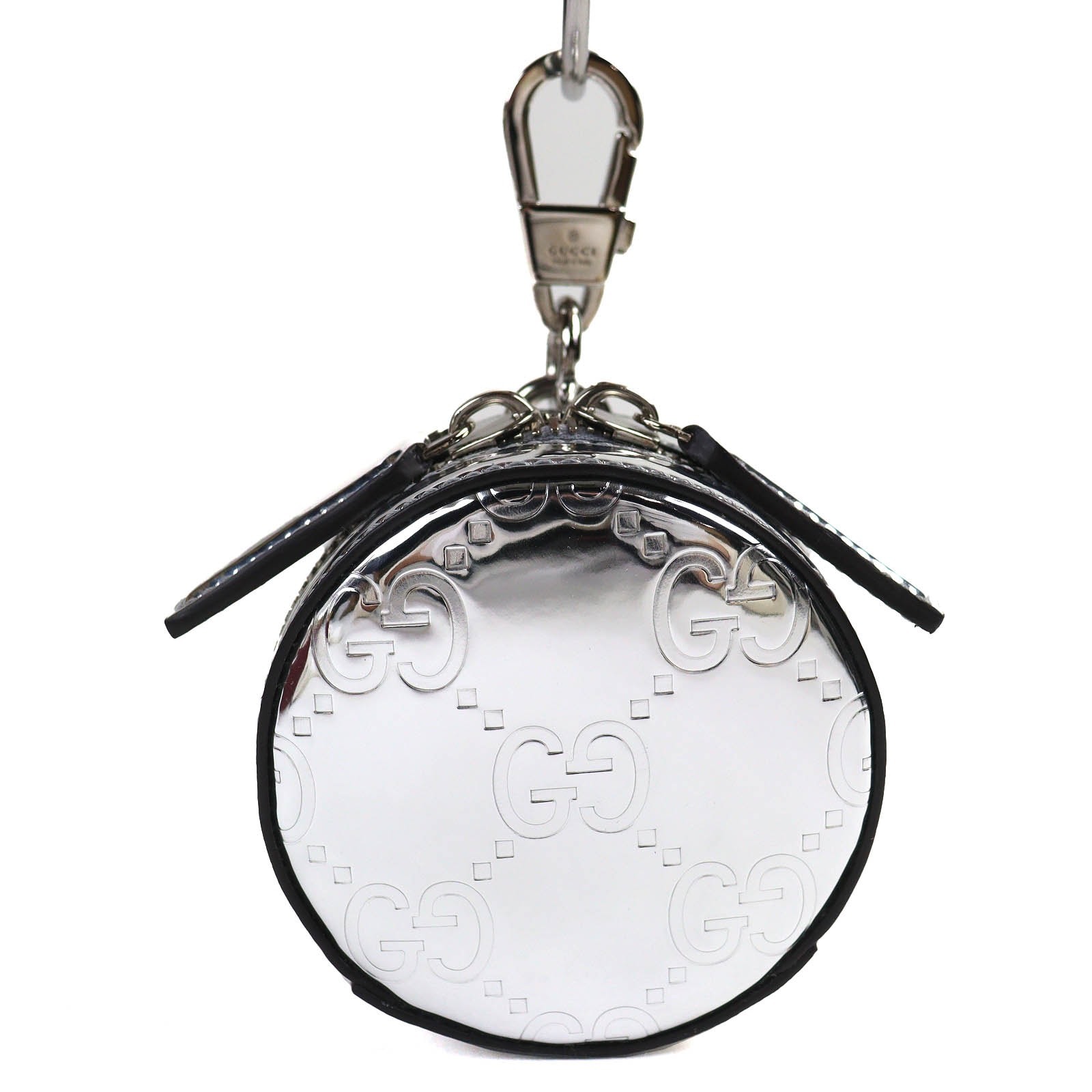 未使用品 グッチ GG柄 パテントレザー 丸型 ポーチ シルバー 812339