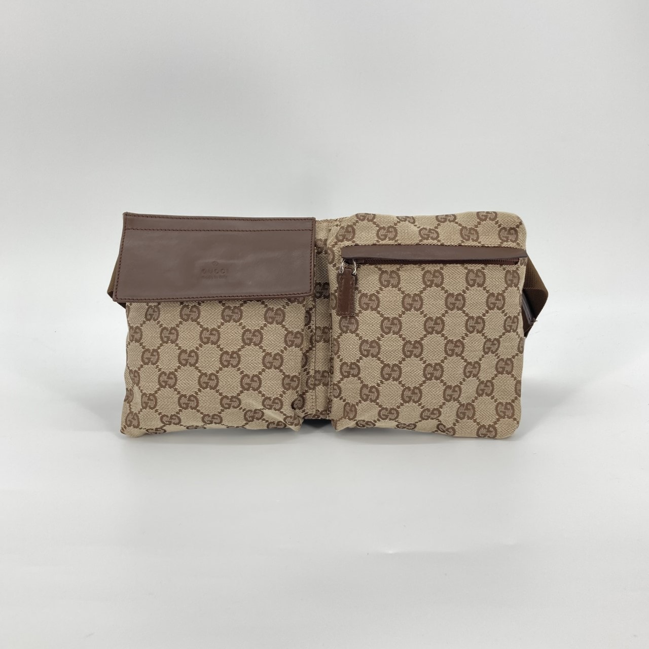 GUCCI(グッチ) GGキャンバス ダブルポケット レザーフラップ 28566 ウエストバッグ ブラウン