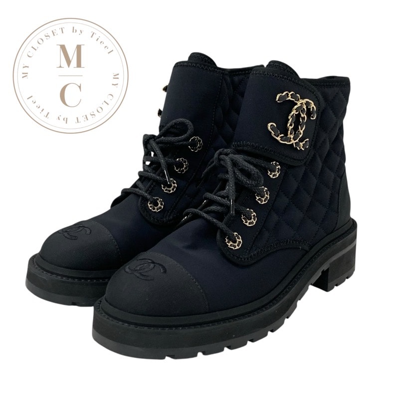シャネル CHANEL ブーツ ショートブーツ 靴 シューズ ファブリック ブラック 黒 ゴールド マトラッセ ココマーク レースアップ