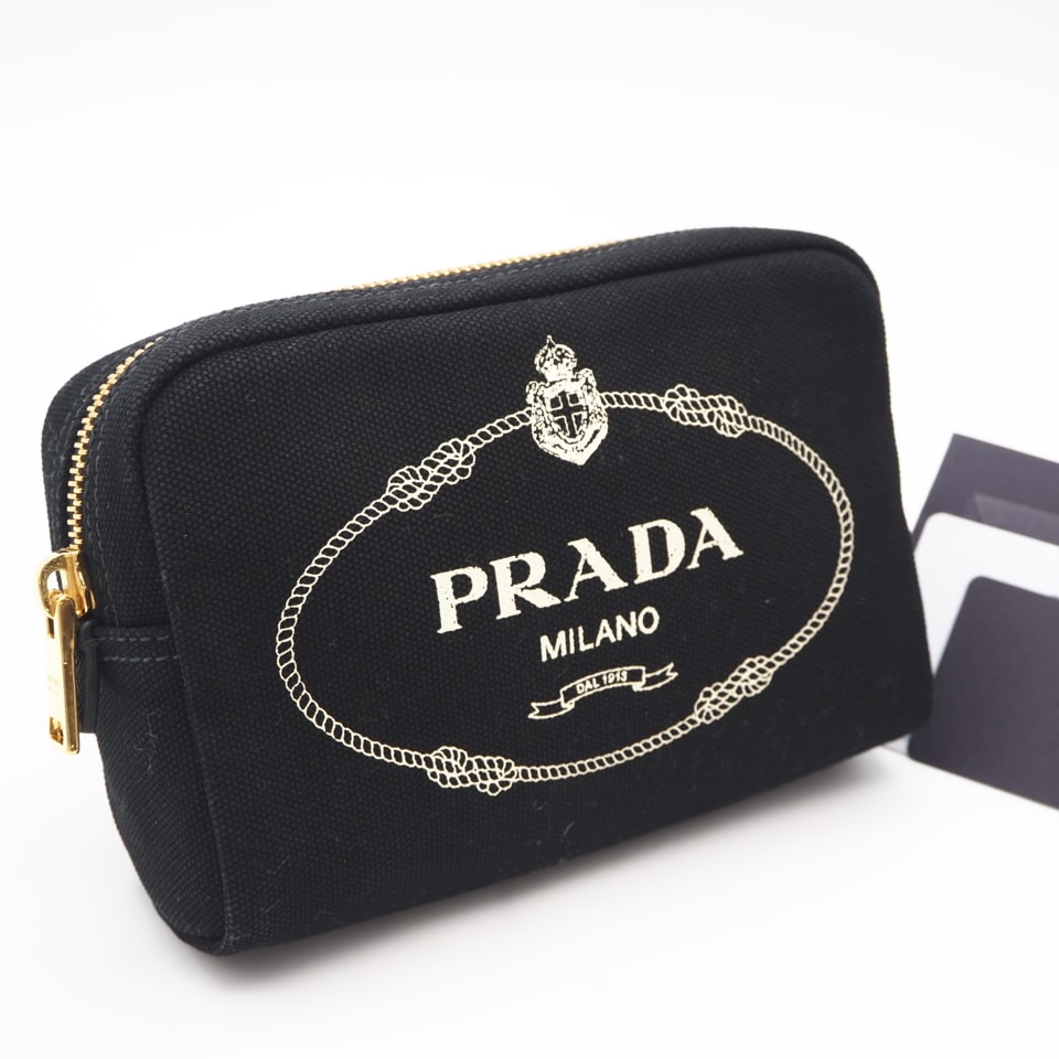 極美品 PRADA プラダ キャンバス カナパロゴ ポーチ NERO 1NA021 ポーチ ブラック ホワイト キャンバス レディース