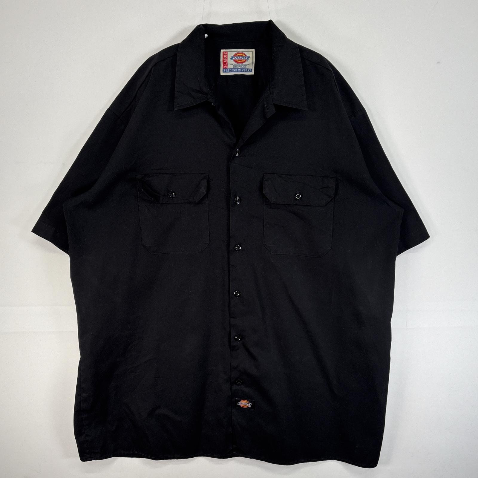 古着 ディッキーズ Dickies 半袖シャツ ワーク 作業着 フラップポケ 大きいサイズ ワンポイント ロゴ X-LARGE ブラック 無地 メンズ