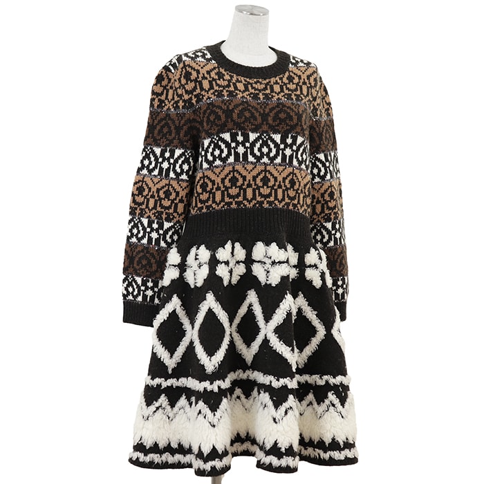 【新品同様】CHANEL シャネル ニットワンピース サイズ 42 レディース P62538 ジャガード ウール × ヤク × カシミヤ ノルディック 長袖 ドレス ブラック ブラウン 黒 茶色 イタリア製
