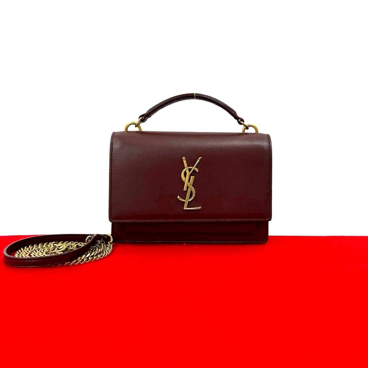 SAINT LAURENT PARIS サンローランパリ サンセット YSL ロゴ 金具 レザー ショルダーバッグ ワインレッド
 442-2