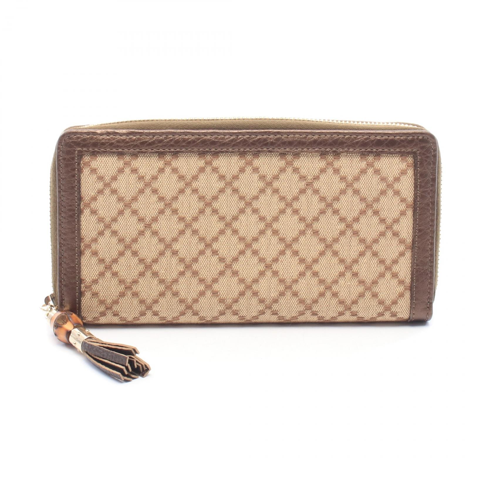 グッチ GUCCI ディアマンテ バンブー ラウンド長財布 財布 キャンバス レザー レディース ベージュ系 / ブラウン系 【中古】