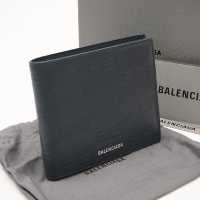 美品 BALENCIAGA バレンシアガ BBモノグラム 二つ折り財布 721940 二つ折り財布 ブルー レザー メンズ