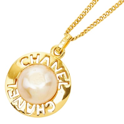 シャネル ロゴ ペンダント ネックレス ゴールド メッキ フェイクパール レディース CHANEL 【中古】