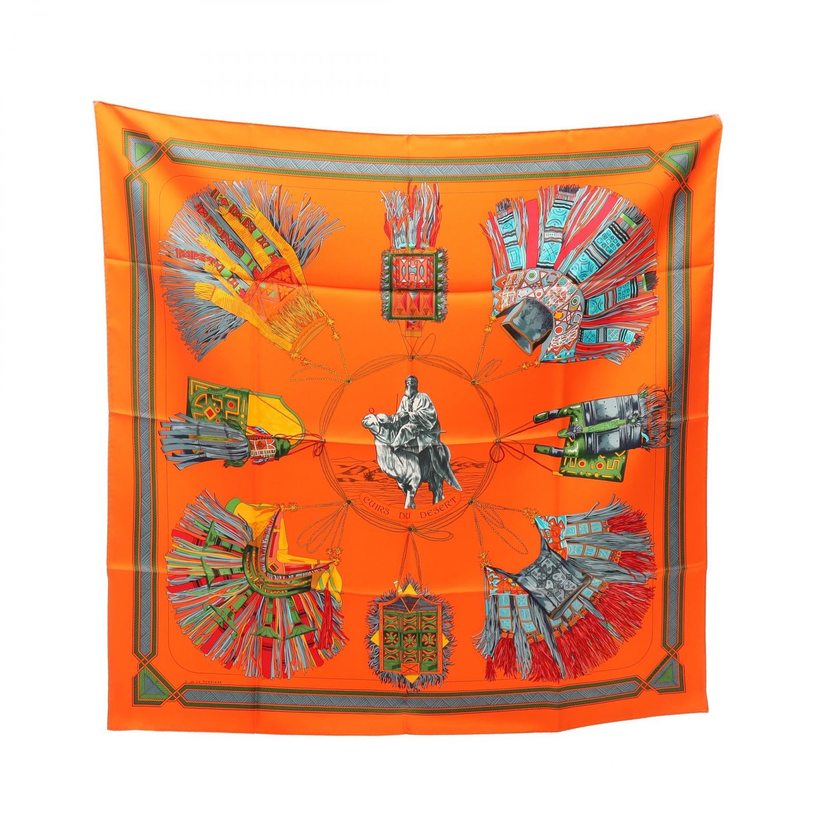 エルメス HERMES カレ90 CUIRS DU DESERT スカーフ 衣料品 シルク シルク オレンジ レディース オレンジ系 / マルチカラー 【中古】
