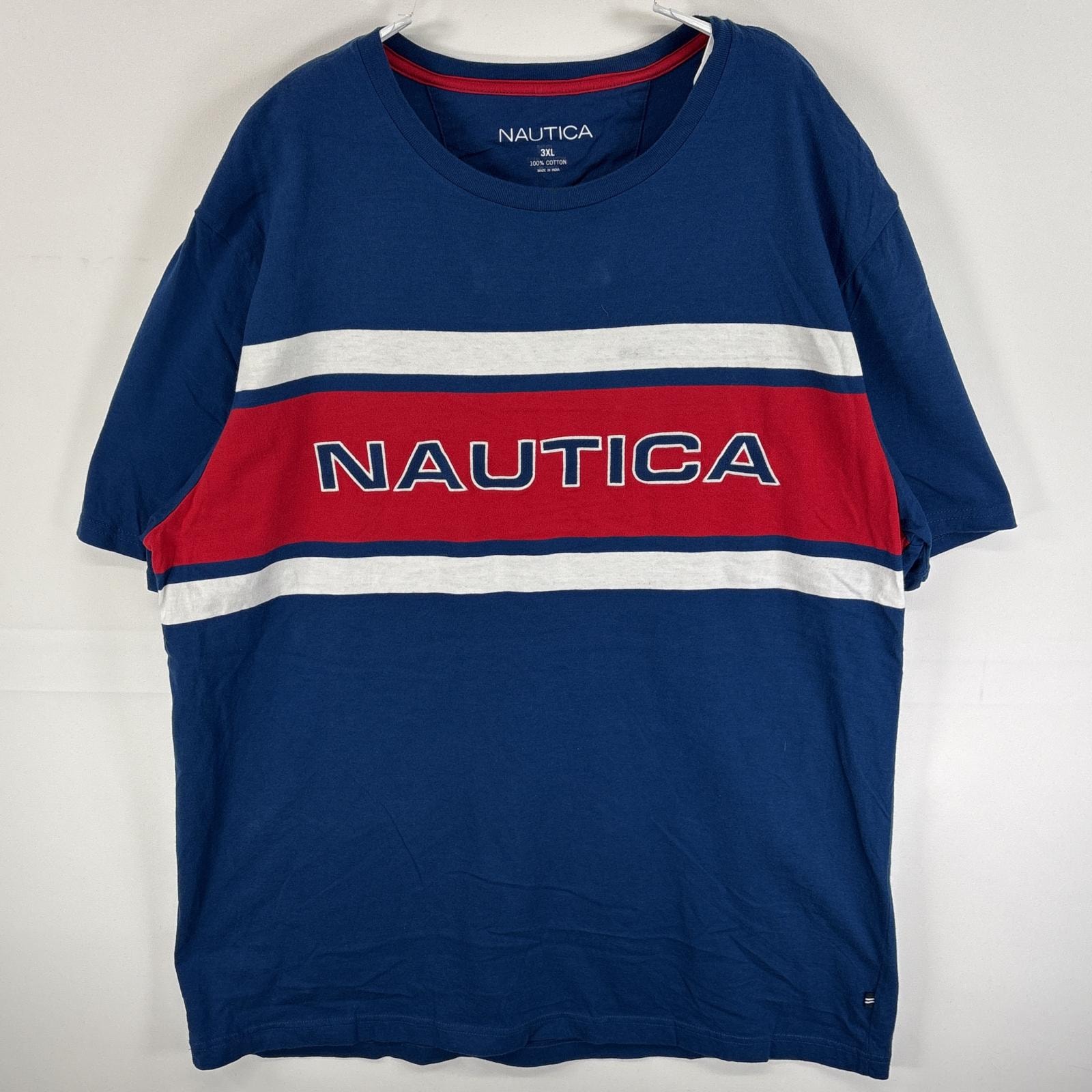 古着 ノーティカ NAUTICA 半袖Tシャツ 刺繍 ロゴ ボーダー 大きいサイズ 3XL  ブルー系 マルチカラー メンズ