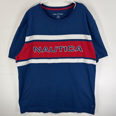 古着 ノーティカ NAUTICA 半袖Tシャツ 刺繍 ロゴ ボーダー 大きいサイズ 3XL ブルー系 マルチカラー メンズ