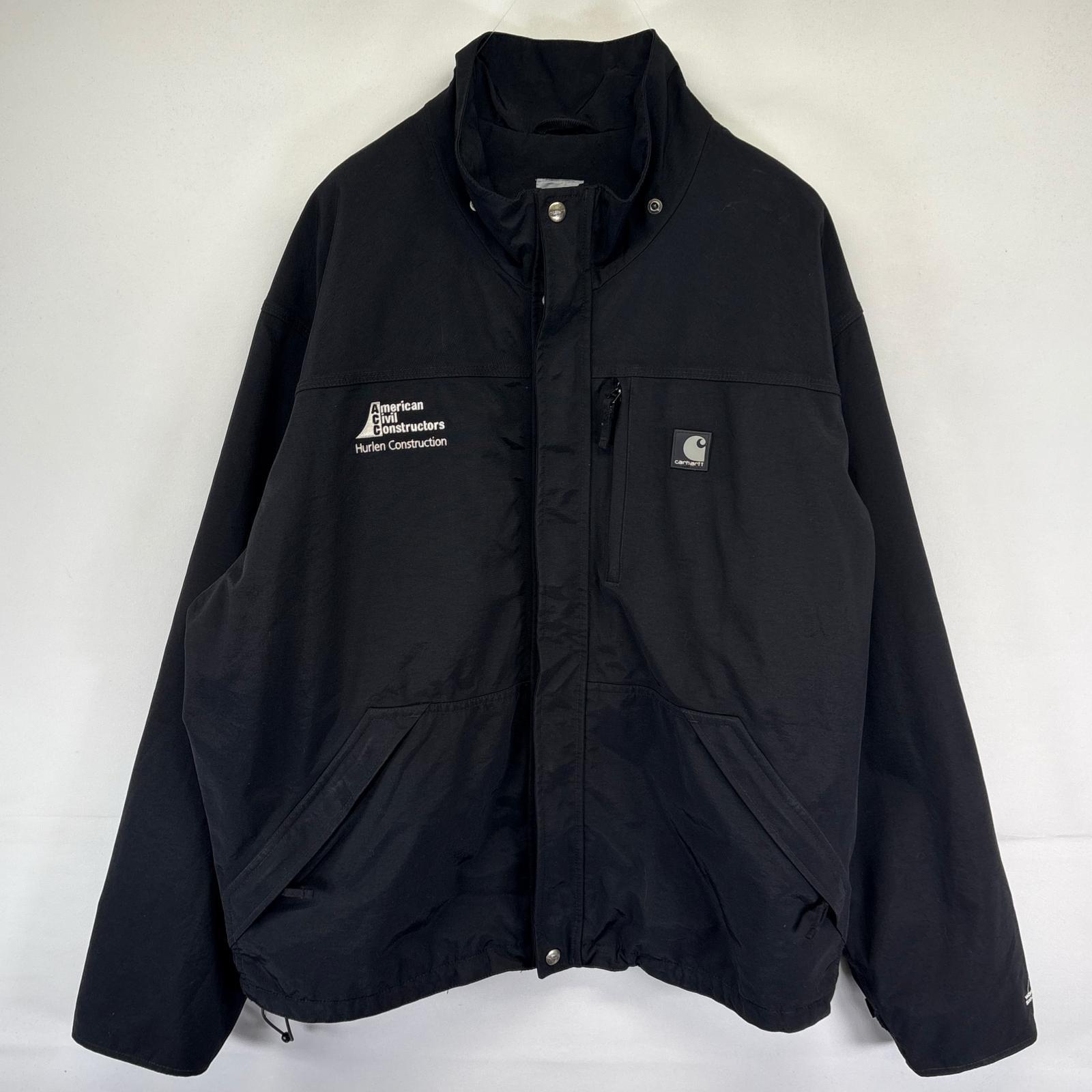 古着 カーハート Carhartt ジャケット フルジップ 刺繍企業ロゴ ショアラインジャケット ワンポイントロゴ 2XL ブラック系 メンズ
