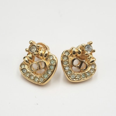 Christian Dior(クリスチャン ディオール)CDロゴ ハート ピアス ヴィンテージ ゴールドカラー ラインストーン レディース 【中古】