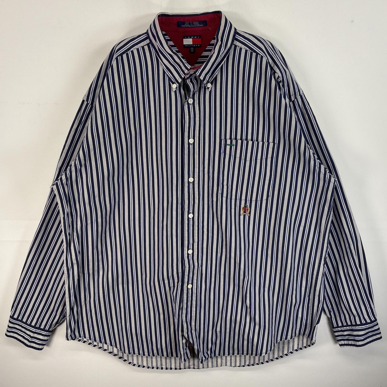 古着 90's/90年代 トミーヒルフィガー TOMMY HILFIGER 長袖シャツ ロゴ 刺繍 肉厚 ボタンダウン 14041  ネイビー系 ストライプ メンズ