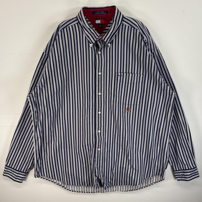 古着 90's/90年代 トミーヒルフィガー TOMMY HILFIGER 長袖シャツ ロゴ 刺繍 肉厚 ボタンダウン 14041 ネイビー系 ストライプ メンズ