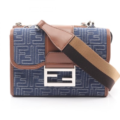 フェンディ FENDI ダブルバゲット ズッカ ショルダーバッグ バッグ キャンバス レザー メンズ ネイビー系 / ブラウン系 7VA649 【中古】