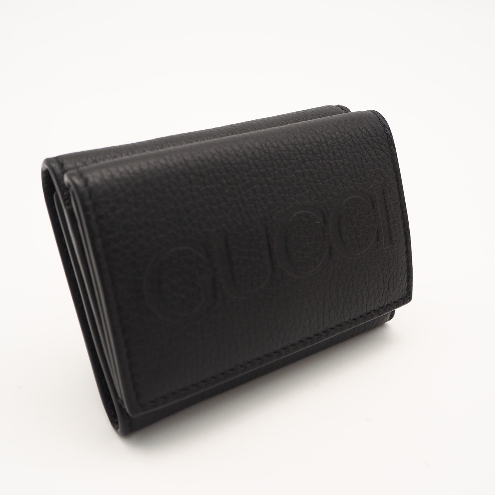 美品 GUCCI グッチ グッチロゴ レザー コンパクトウォレット 736151 三つ折り財布 ブラック レザー メンズ
