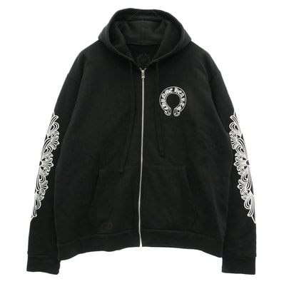 CHROME HEARTS クロムハーツ(原本無) SWTSHRT HD ZIP 袖フローラル バック ホースシュー プリント ジップ パーカー ブラック系 XL【中古】