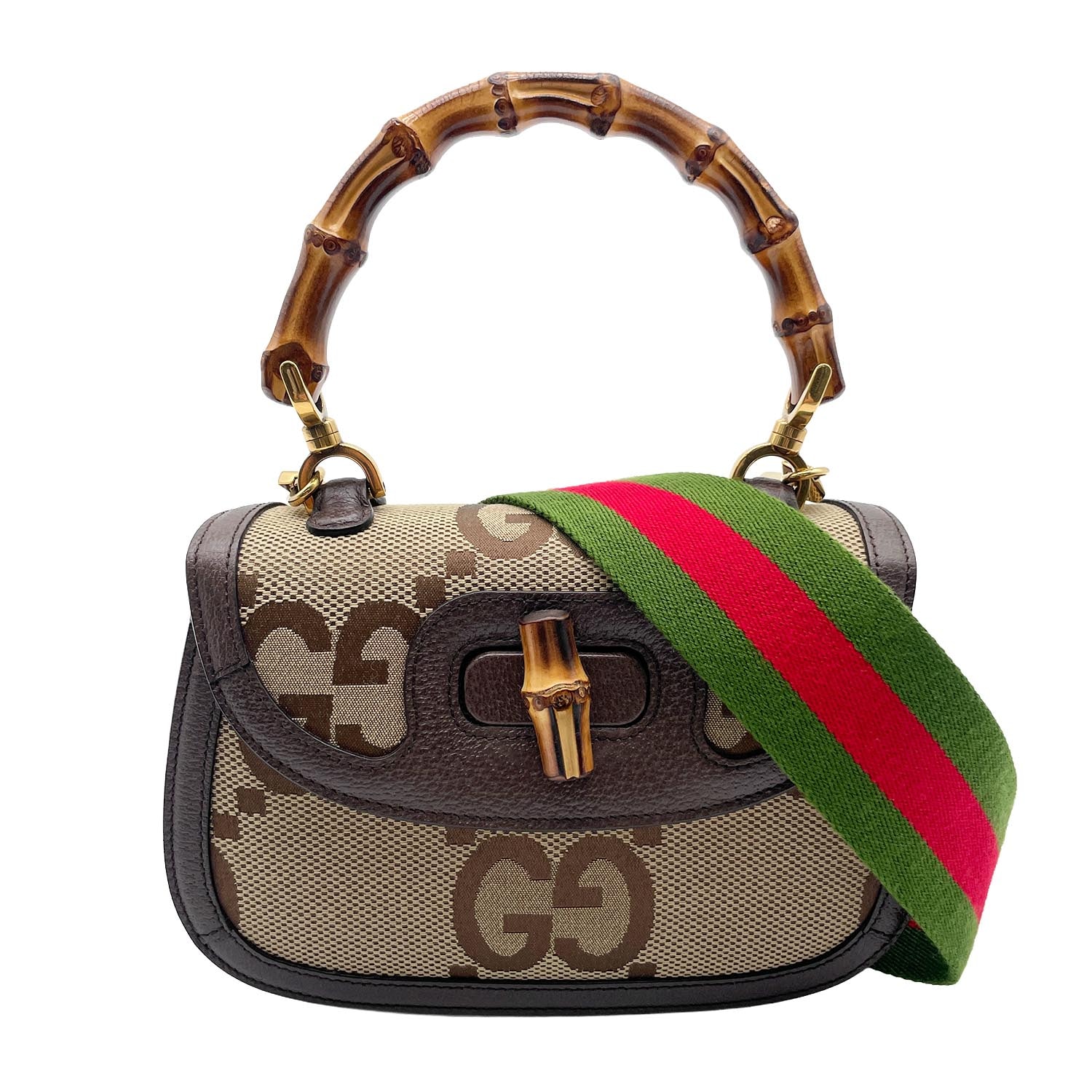 GUCCI グッチ バンブー 2WAY ハンドバッグ
 1947 ジャンボGG ショルダーストラップ2本 キャンバス レザー ブラウン レディース
 【中古】