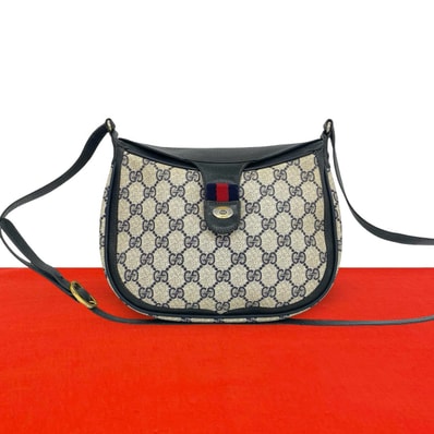 GUCCI グッチ シェリーライン GG 柄 ロゴ 金具 レザー PVC ショルダーバッグ ネイビー
35582
