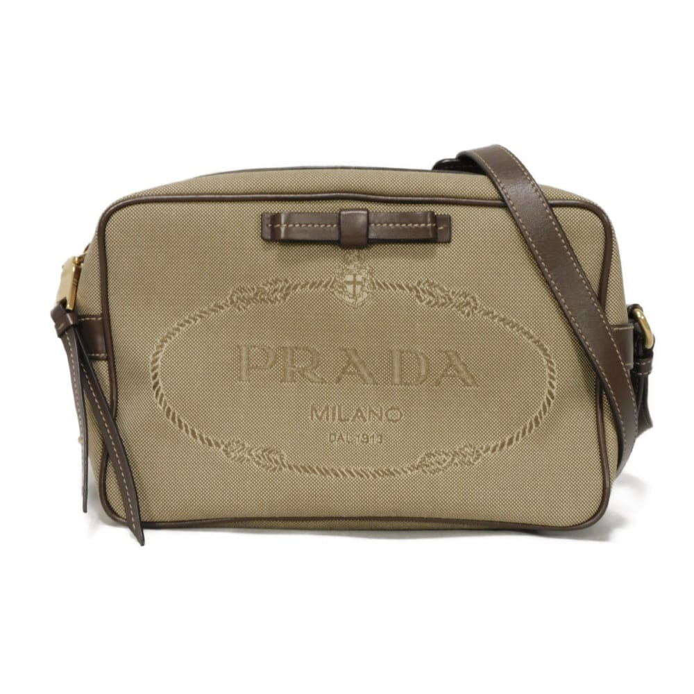 PRADA プラダ ジャガード リボン カメラバッグ カーフ クロスボディ トライアングルロゴ ブラウン ショルダーバッグ 1BH089