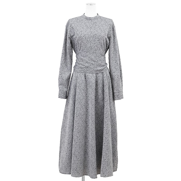 SALE【極美品】CLANE クラネ 2WAYジャガードワンピース サイズ 2 レディース モックネック バックオープン ロングスリーブ 長袖 ポリエステル × ナイロン ロング丈 ドレス ライトグレー 灰色 総柄 16112-5022