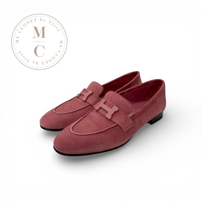 エルメス HERMES ローファー 革靴 靴 シューズ スエード ピンク H金具 モカシン フラットシューズ