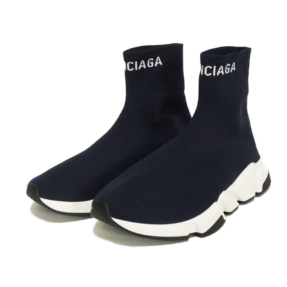 BALENCIAGA バレンシアガ スピードトレーナー ハイカット 40 ソックス シューズ 26.5cm 美品 ロゴ ファブリック ネイビー スニーカー 549823 W1P20 4282
