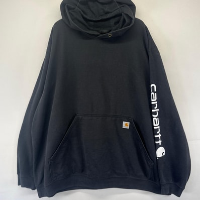 古着 カーハート Carhartt パーカー ワンポイント 袖ロゴ プルオーバー スウェット フーディー 大きいサイズ 3XL ブラック系 メンズ