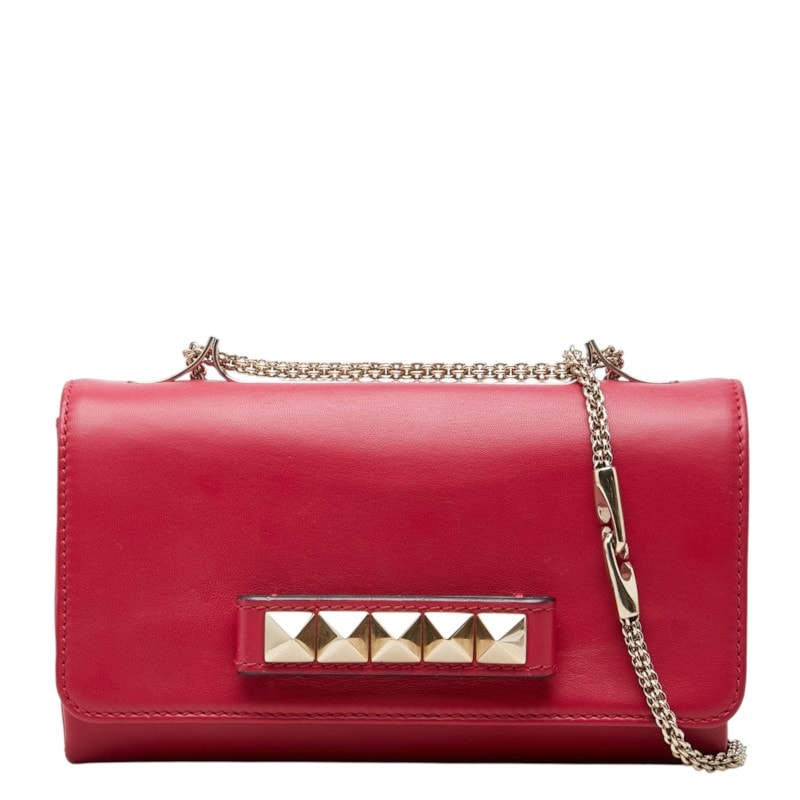 ヴァレンチノ ロックスタッズ 斜め掛け チェーン ショルダーバッグ ピンク レザー レディース Valentino 中古