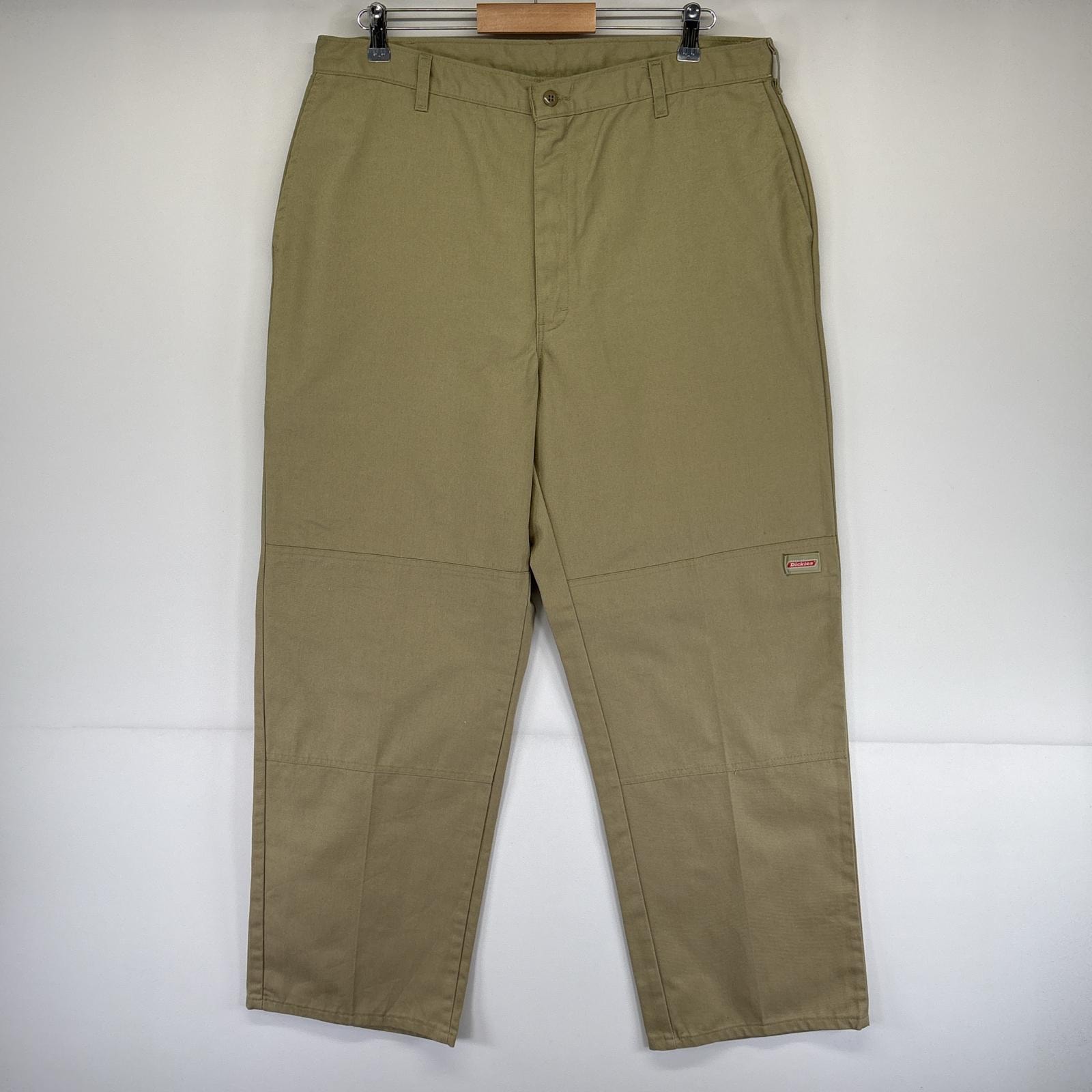 古着 ディッキーズ Dickies ワークパンツ ダブルニー ワンポイントロゴ 長ズボン チノパン 作業着 センタープレス ベージュ メンズ