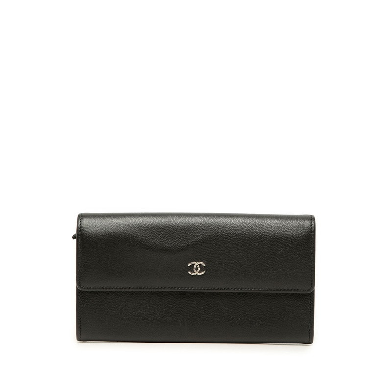 シャネル ココマーク 長財布 ブラック シルバー キャビアスキン レディース CHANEL 中古