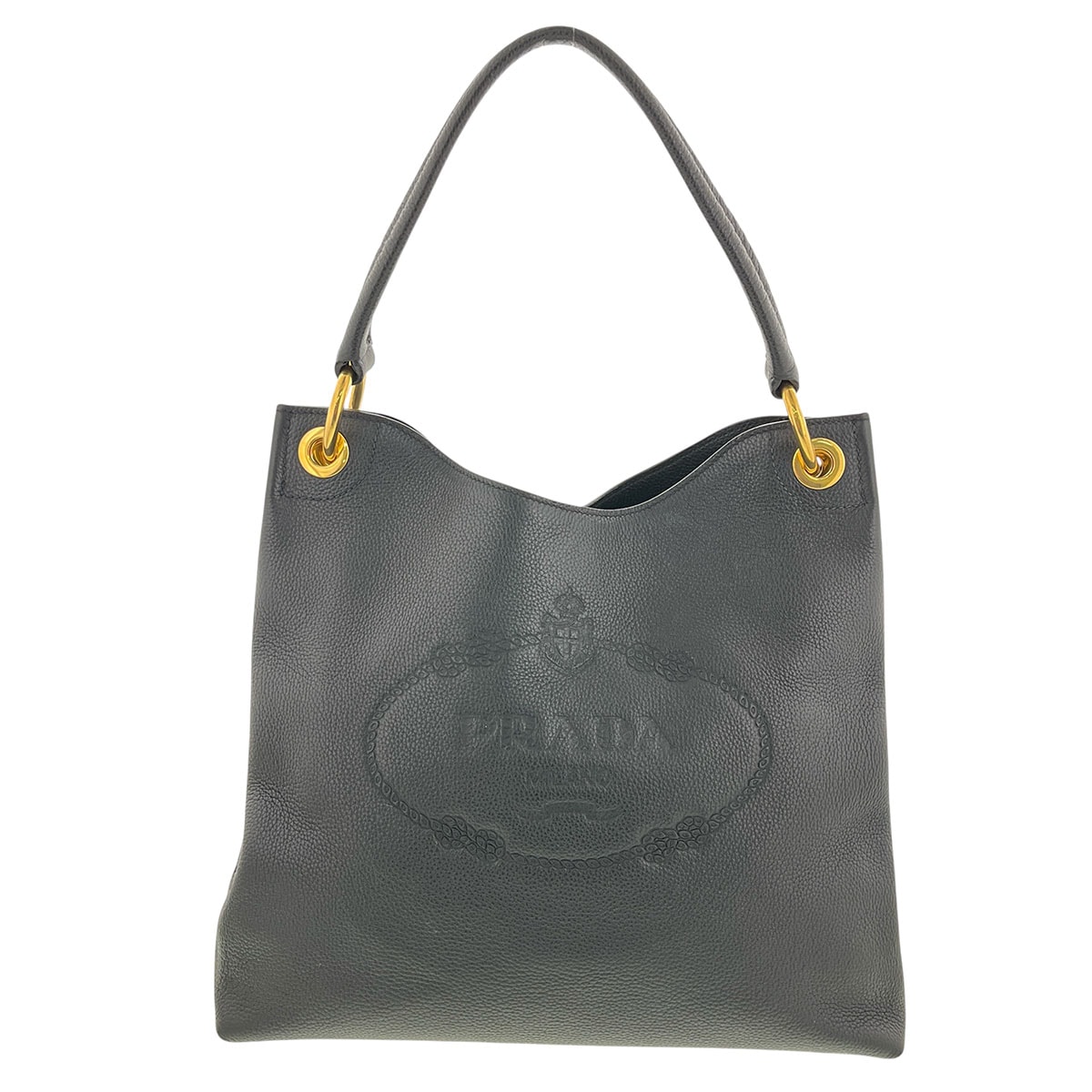 PRADA プラダ 型押し ロゴ 肩掛け ワンショルダーバッグ ショルダーバッグ 1BC051 レザー ブラック ゴールド  レディース【中古】