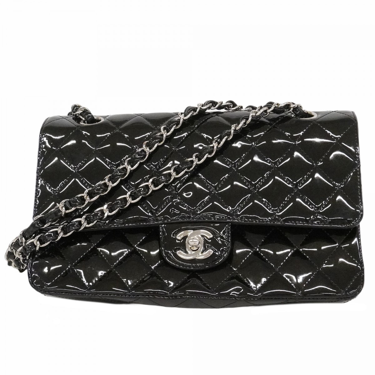 【6dd5504-k】シャネル ショルダーバッグ マトラッセ Wフラップ Wチェーン パテントレザー ブラック シルバー金具【中古】レディース