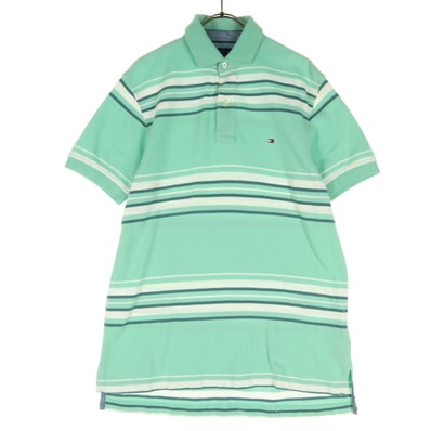 TOMMY HILFIGER トミーヒルフィガー マルチボーダー柄 ロゴ刺_ 半袖 ポロシャツ XS グリーン系