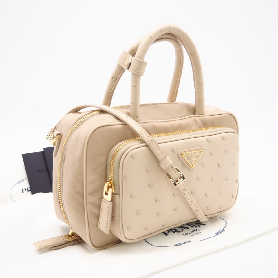 極美品 PRADA プラダ テスート オーストリッチ トップハンドルバッグ 1BB106 2EX8 2wayハンドバッグ ベージュ オーストリッチ ナイロン レディース