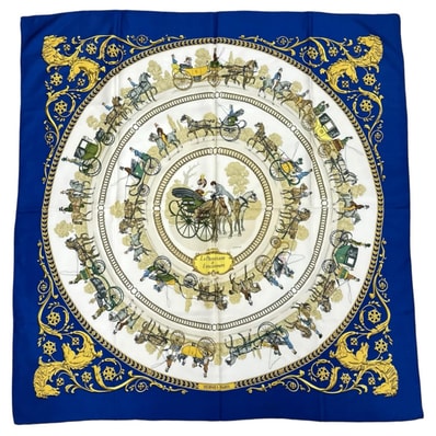 HERMES エルメス ロンシャンへの散歩(LA PROMENADE DE LONGCHAMPS) スカーフ シルク ネイビーブルー レディース カレ90【中古】