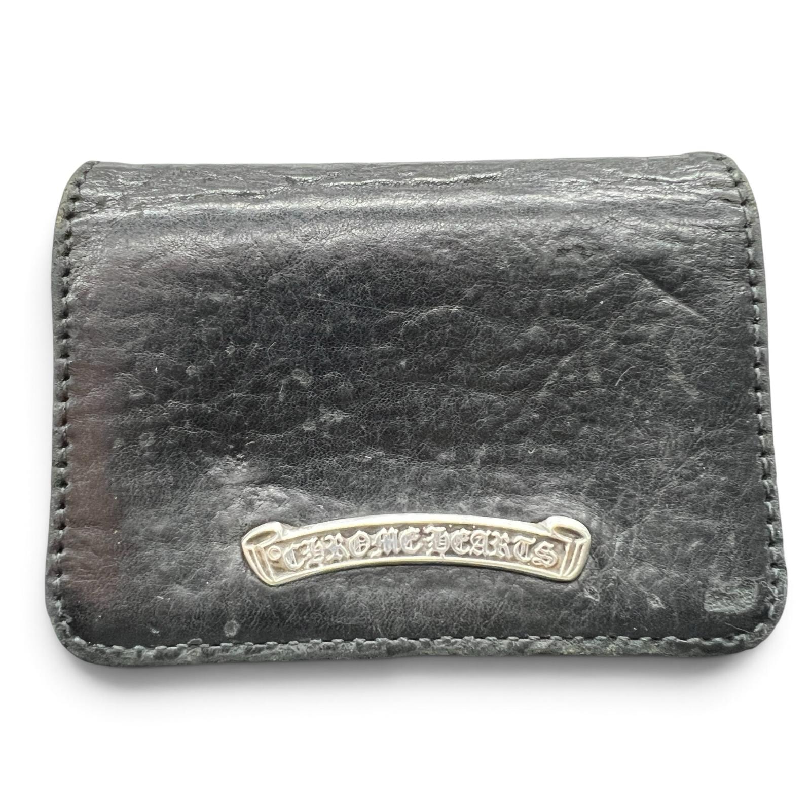 CHROME HEARTS クロムハーツ CARD CASE 3POCKET スクロールラベル 名刺入れ カードケース ブラック ヘビーレザー パスケース 小物 財布 クロム Bランク 中古 鑑定済