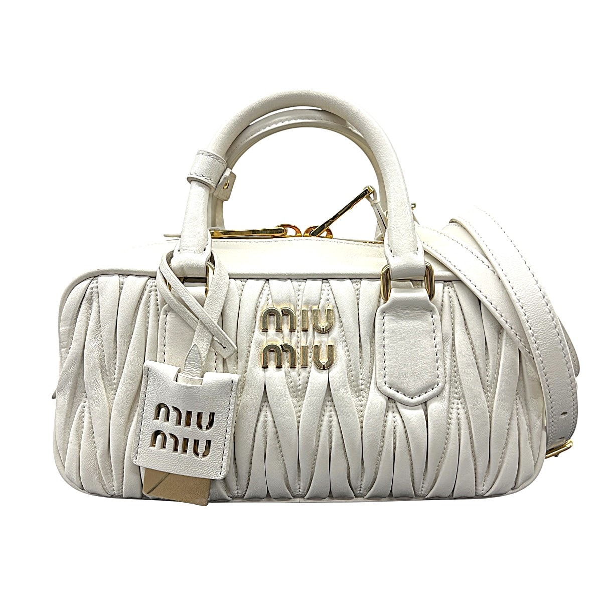 miumiu 現行品 極美品 ミュウミュウ MATELASSE マテラッセ アルカディ 2way ハンドバッグ ショルダーバッグ 5BB142 レザー ホワイト クロスボディ ロゴ Aランク 中古 鑑定済 ミュウミュウハンドバッグ【定価429,000円】