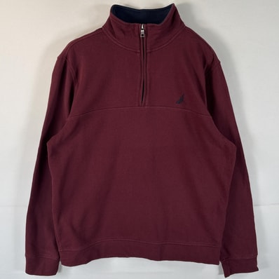 古着 ノーティカ NAUTICA スウェット ハーフジップ ワンポイントロゴ刺繍 トレーナー L レッド系 メンズ
