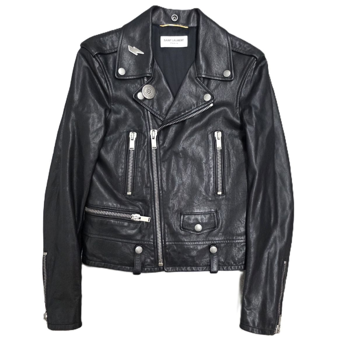 SAINT LAURENT PARIS サンローランパリ クラシック モーターサイクルジャケット ダブル ライダース 中綿 ピンバッチ付き ライダースジャケット 506798 YC21F 34 ラムスキン ポリエステル ブラック レディース【中古】