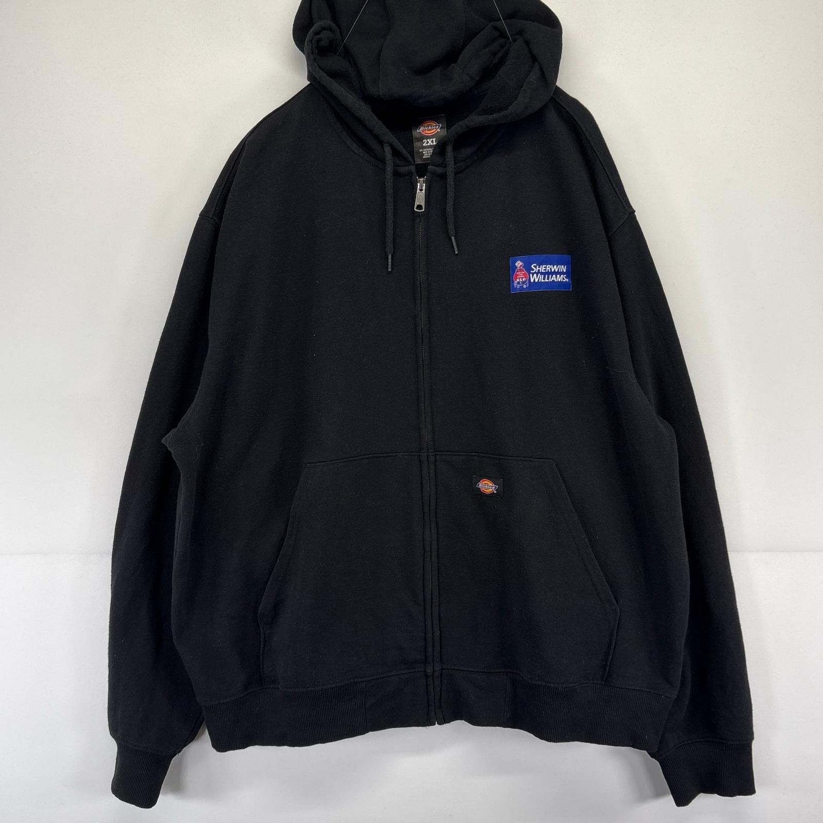 古着 ディッキーズ Dickies パーカー 大きいサイズ ワンポイント ロゴ ジャケット スウェット フルジップ 2XL  ブラック系 メンズ