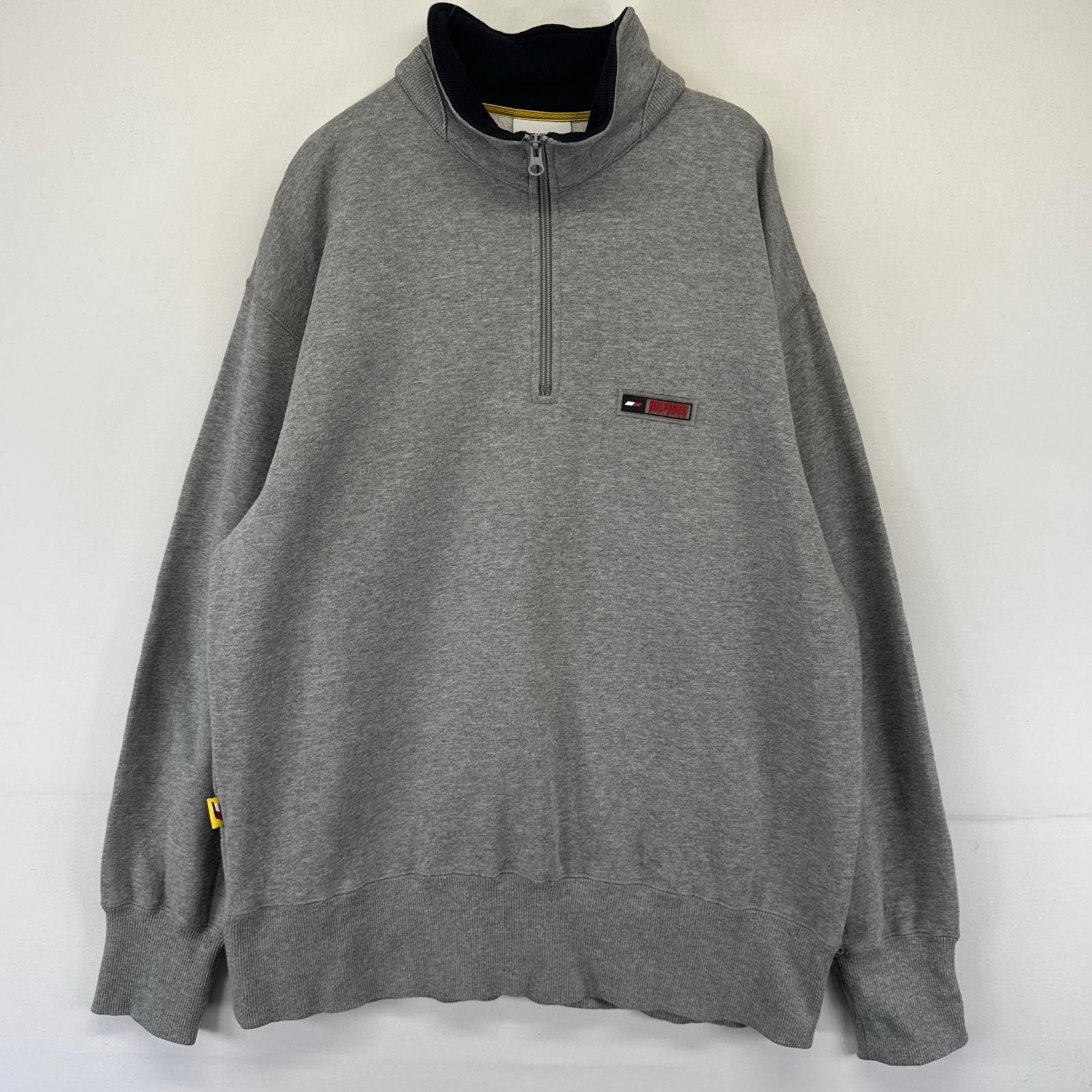 古着 トミーヒルフィガー TOMMY HILFIGER スウェット ハーフジップ ワンポイントロゴ プルオーバーアスレチック L グレー系 メンズ