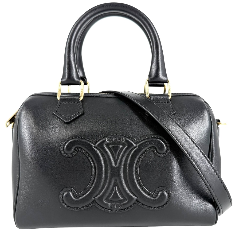 CELINE セリーヌ 2WAY トリオンフ スモール ボストン ハンドバッグ ショルダーバッグ 肩掛け 斜め掛け カーフ    ブラック 黒 ゴールド金具 レディース【中古品】