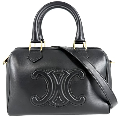 CELINE セリーヌ 2WAY トリオンフ スモール ボストン ハンドバッグ ショルダーバッグ 肩掛け 斜め掛け カーフ ブラック 黒 ゴールド金具 レディース【中古品】